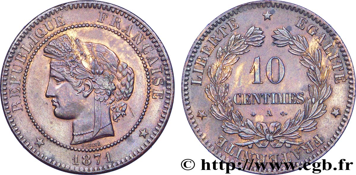 10 centimes Cérès, grand A 1871 Paris F.135/5 SPL 