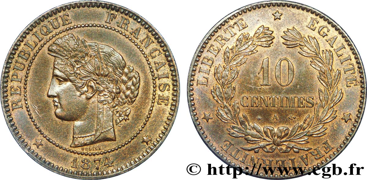 10 centimes Cérès 1874 Paris F.135/12 EBC 