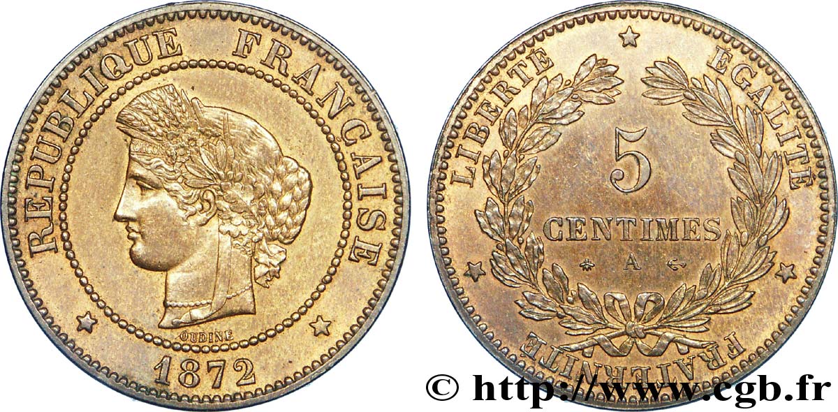 5 centimes Cérès, petit A 1872 Paris F.118/5 EBC 
