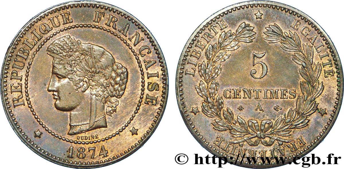 5 centimes Cérès 1874 Paris F.118/9 SUP 