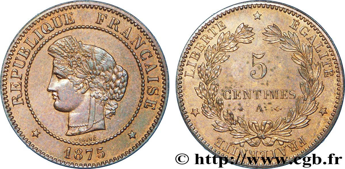 5 centimes Cérès 1875 Paris F.118/11 VZ 