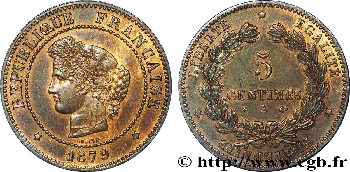 5 centimes Cérès, ancre non barrée 1879 Paris F.118/19 EBC 