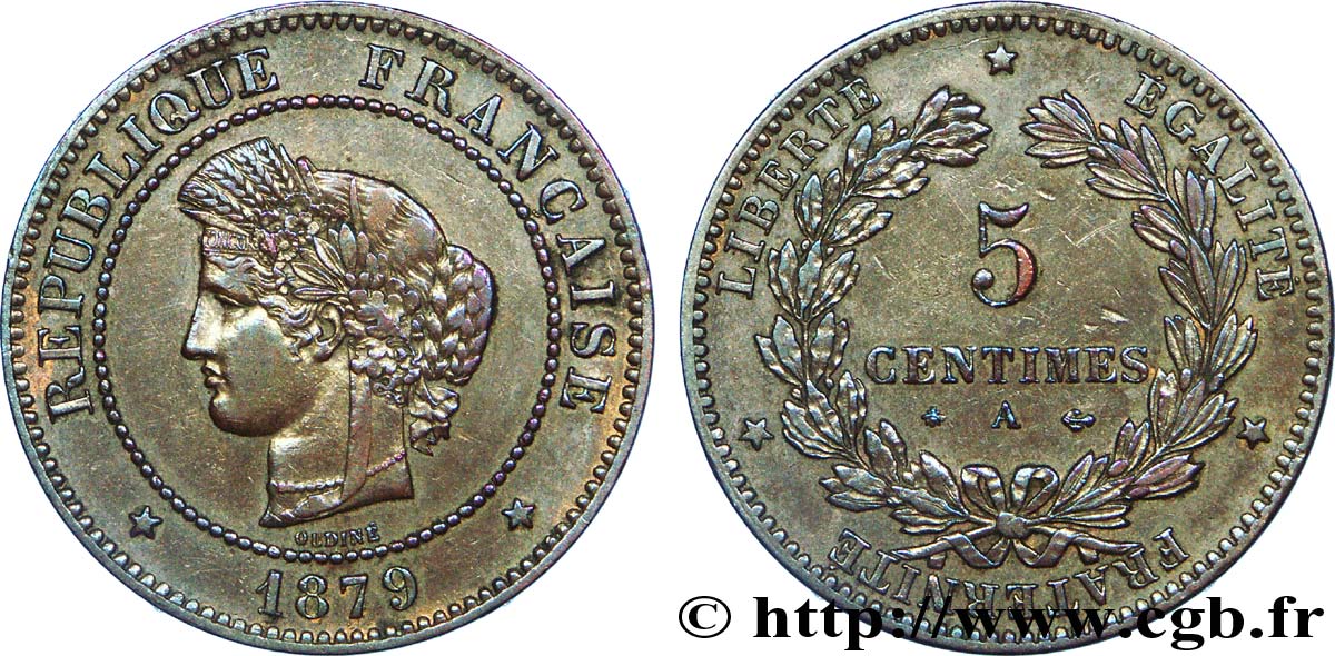 5 centimes Cérès, ancre barrée 1879 Paris F.118/20 TTB 