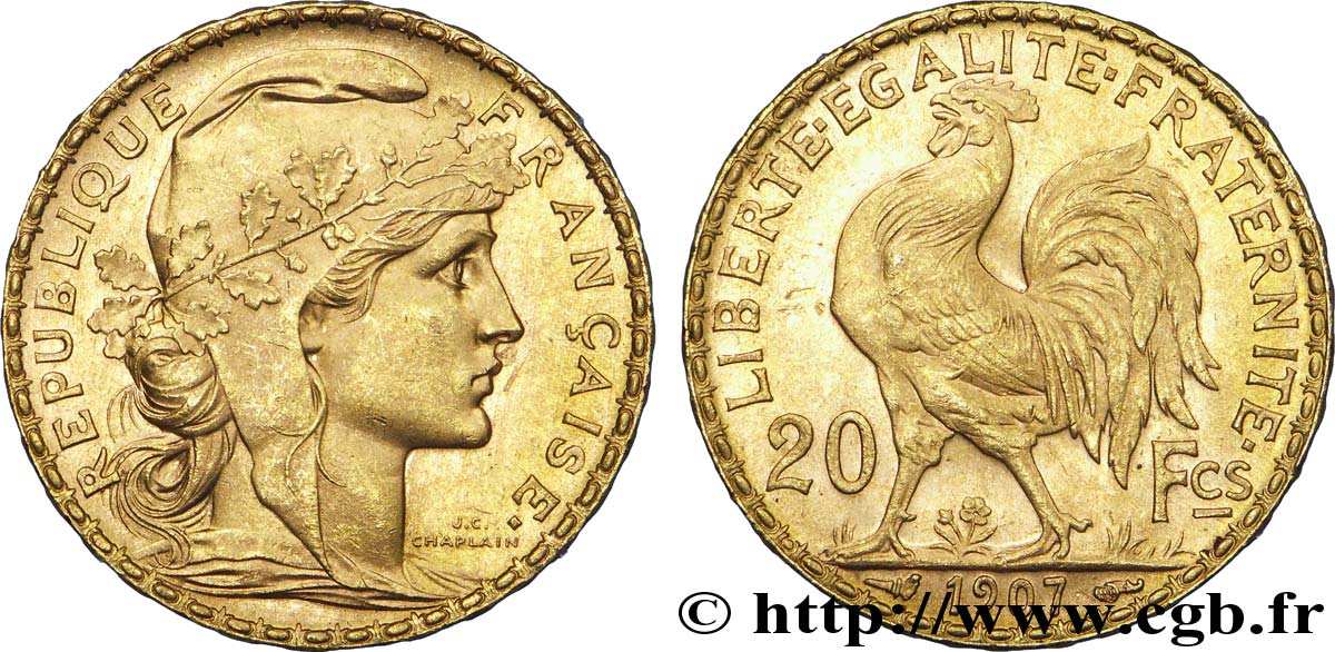 20 francs or Coq, Liberté Égalité Fraternité 1907  F.535/1 EBC 