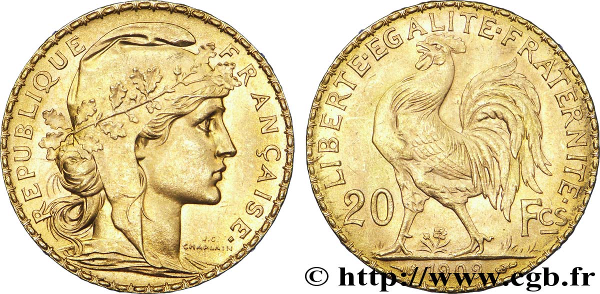 20 francs or Coq, Liberté Égalité Fraternité, refrappe 1909  F.535/3 var. fST 