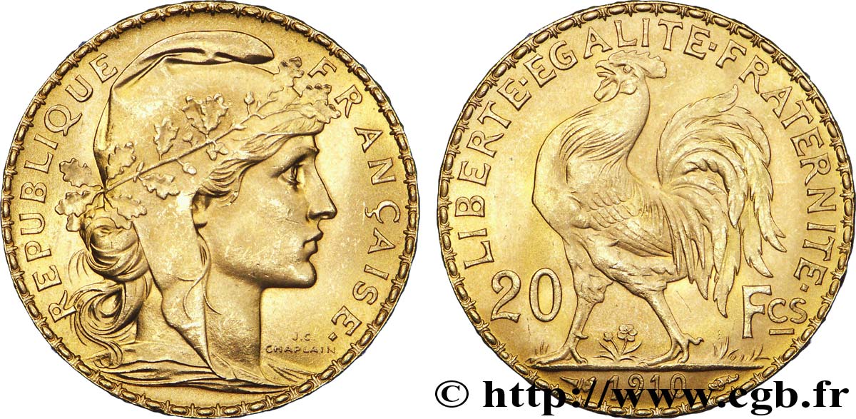 20 francs or Coq, Liberté Égalité Fraternité, refrappe 1910  F.535/4 var. SPL 