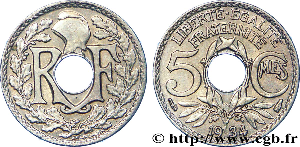 5 centimes Lindauer, petit module 1934  F.122/17 AU 