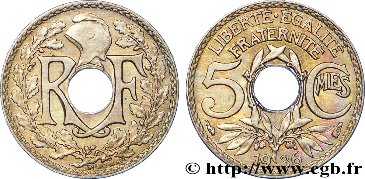 5 centimes Lindauer, petit module 1936  F.122/19 SPL 