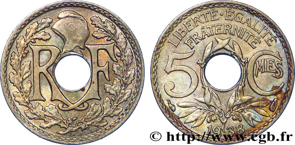 5 centimes Lindauer, petit module 1938  F.122/21 AU 