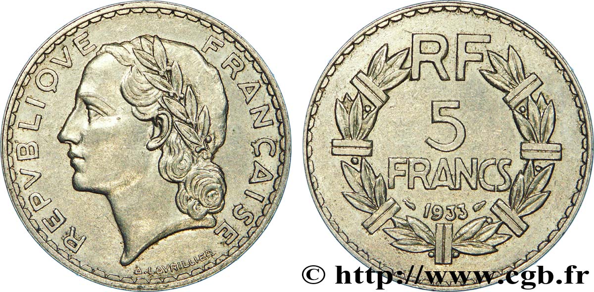 5 francs Lavrillier, nickel 1933  F.336/2 MBC 
