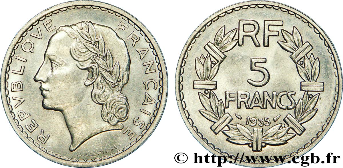 5 francs Lavrillier, nickel 1935  F.336/4 SPL 