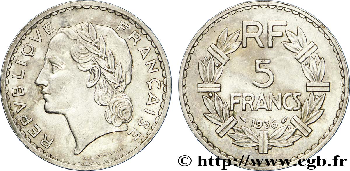 5 francs Lavrillier, nickel 1936  F.336/5 TTB 