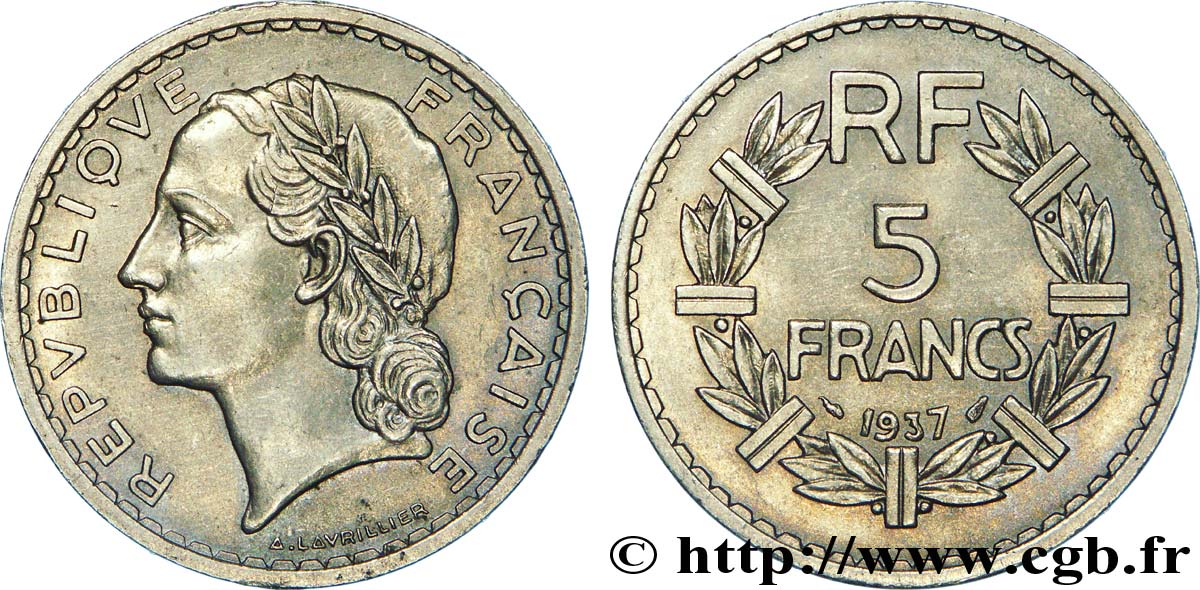 5 francs Lavrillier, nickel 1937  F.336/6 SPL 