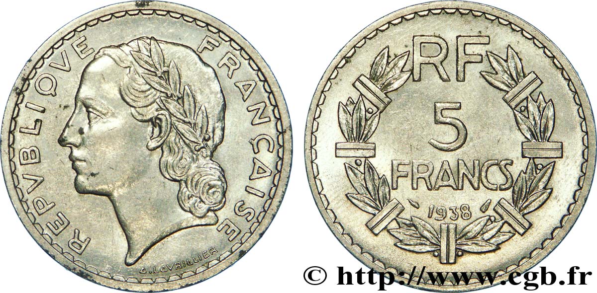 5 francs Lavrillier, nickel 1938  F.336/7 EBC 