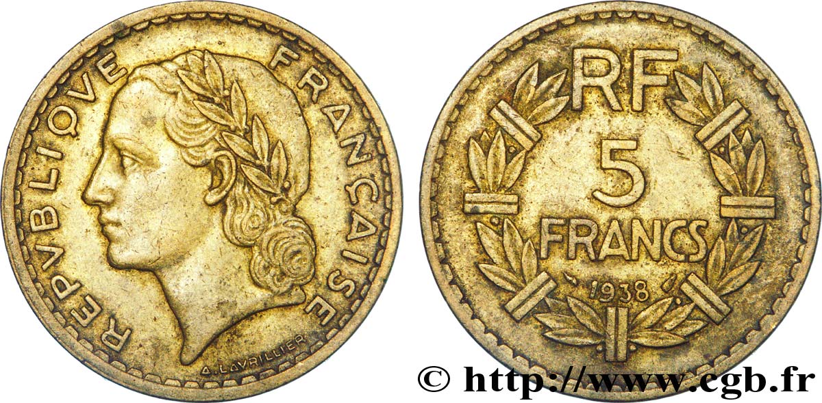 5 francs Lavrillier, bronze-aluminium 1938  F.337/1 TTB 