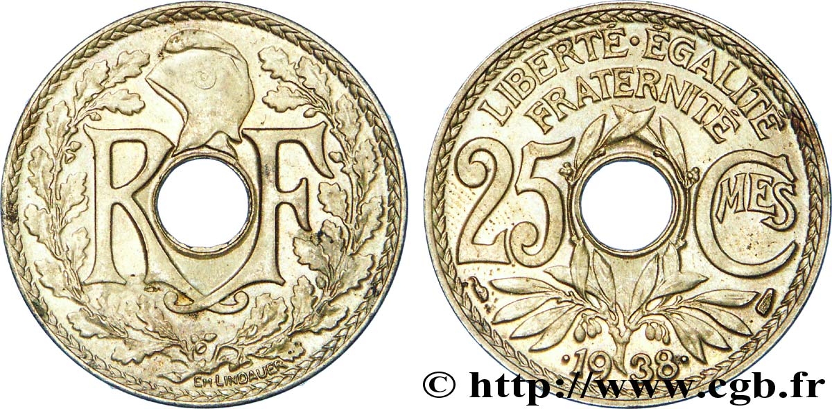 25 centimes Lindauer, maillechort 1938  F.172/2 VZ 