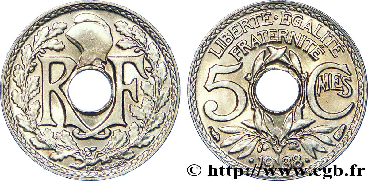 5 centimes Lindauer, maillechort 1938  F.123A/2 AU 