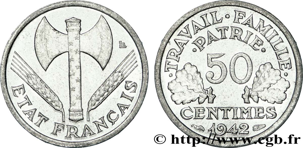 50 centimes Francisque, lourde 1942  F.195/3 SPL 