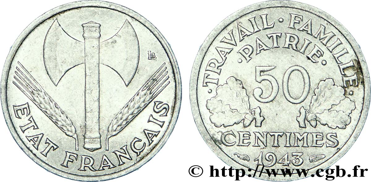 50 centimes Francisque, légère 1943  F.196/2 SUP 