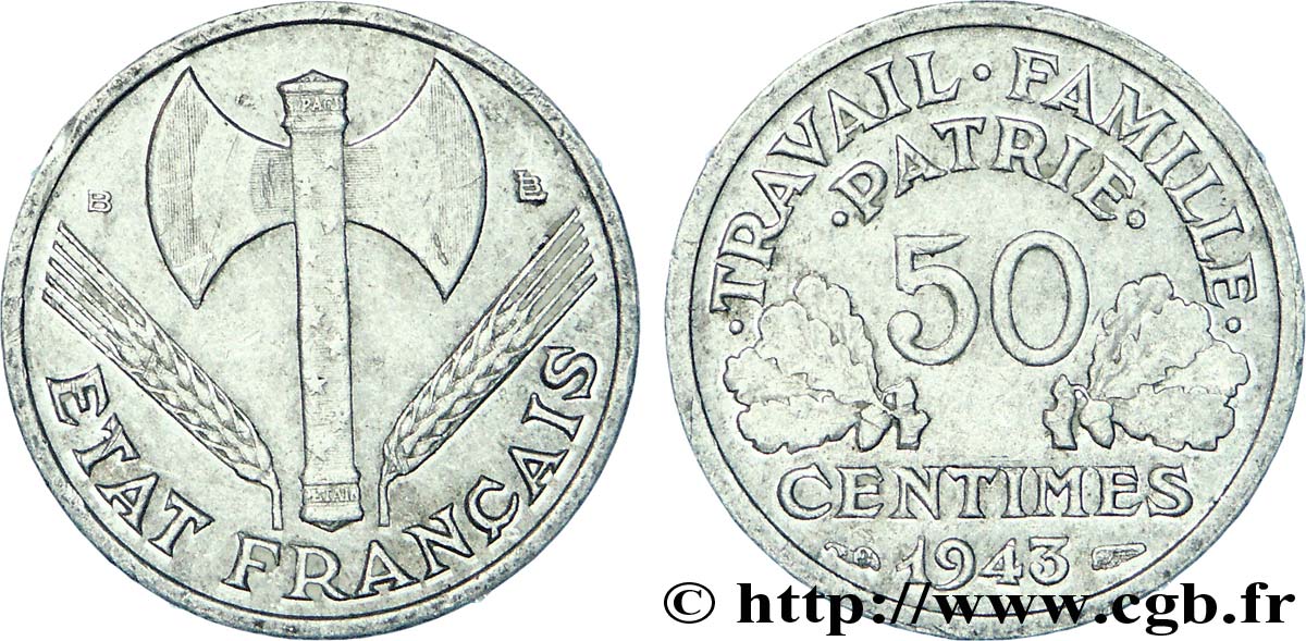 50 centimes Francisque, légère 1943 Beaumont-Le-Roger F.196/3 SS 