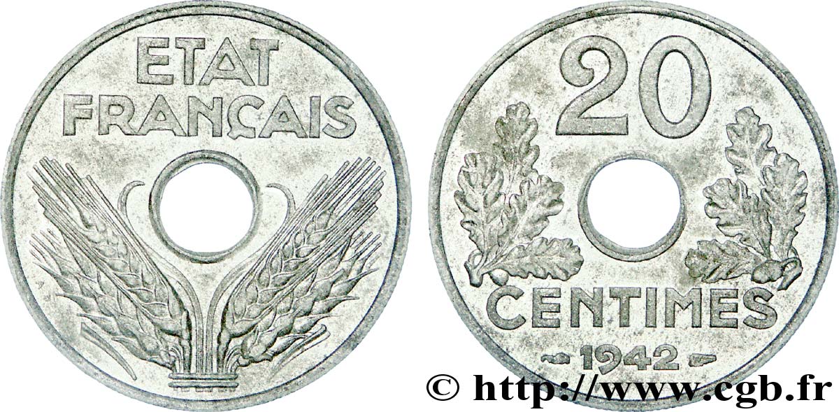 20 centimes État français 1942  F.153/4 EBC 