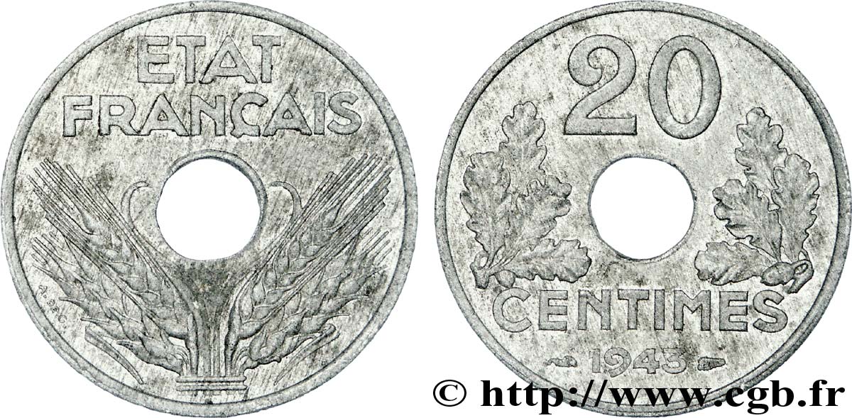20 centimes État français 1943  F.153/5 SS 