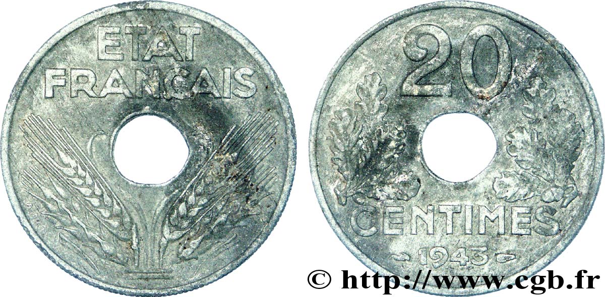 20 centimes État français 1943  F.153A/1 VF 