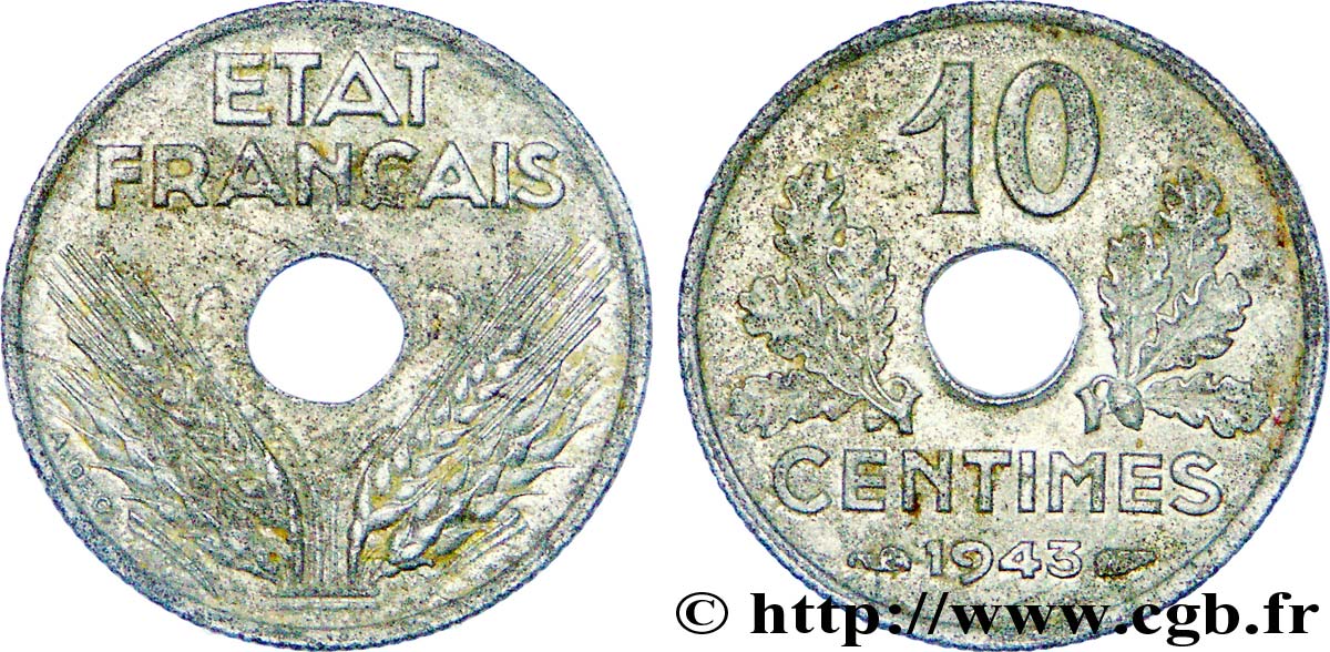 10 centimes État français, petit module 1943  F.142/2 XF 