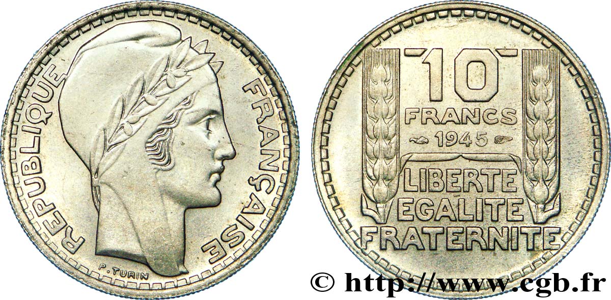 10 francs Turin, grosse tête, rameaux longs 1945  F.361/2 VZ 