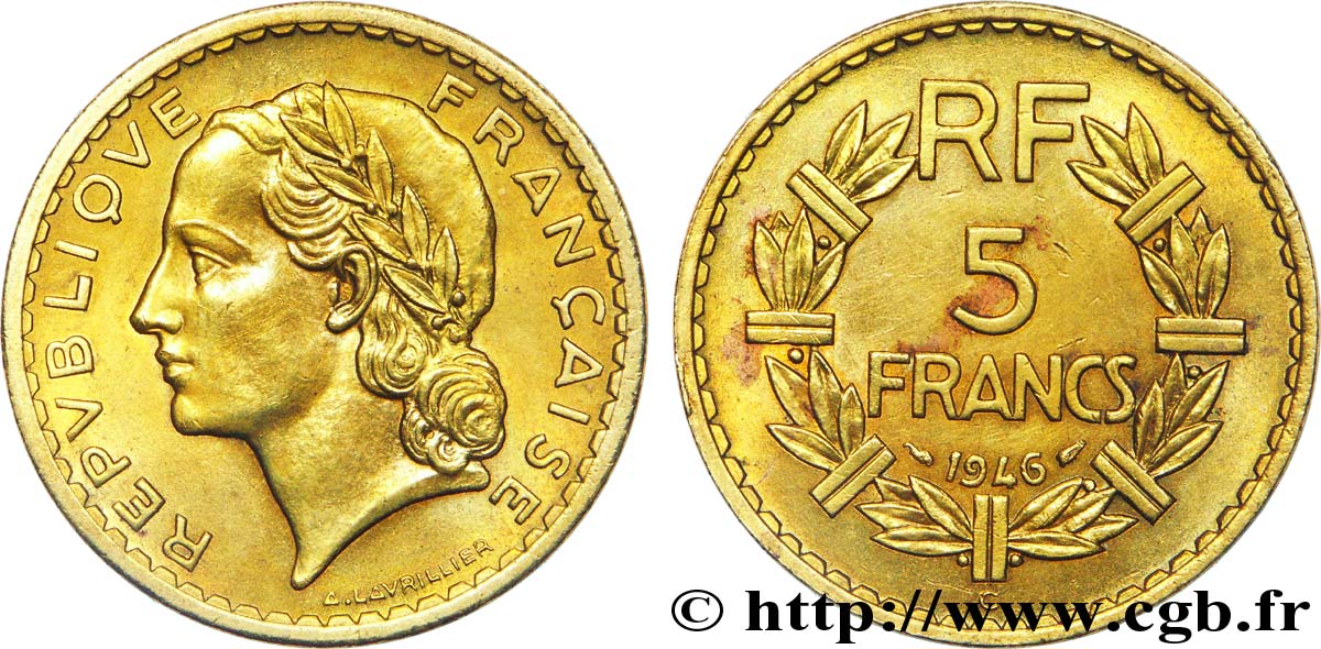 5 francs Lavrillier, bronze-aluminium 1946 Castelsarrasin F.337/8 VZ 