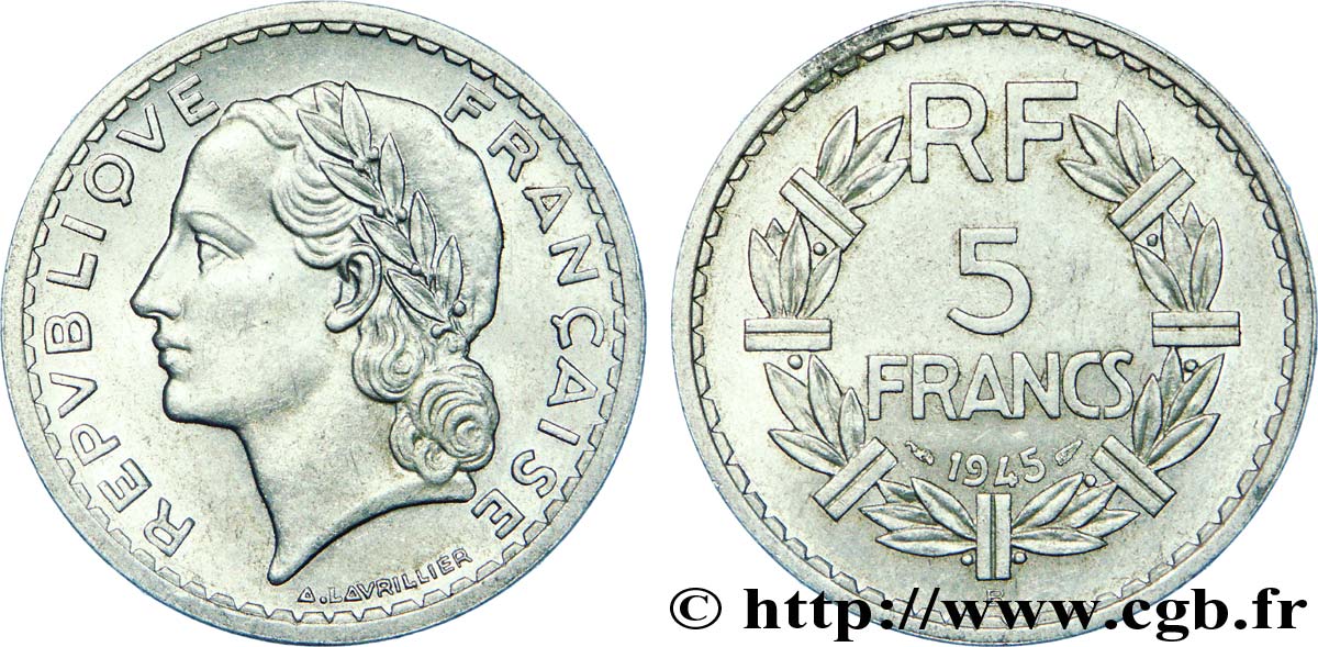 5 francs Lavrillier, aluminium 1945 Beaumont-Le-Roger F.339/4 VZ 