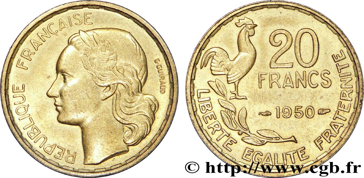 20 francs G. Guiraud, 3 faucilles 1950  F.402/2 SS 