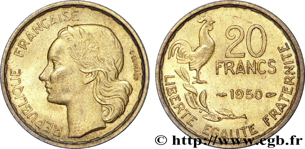 20 francs G. Guiraud, 4 faucilles 1950  F.402/3 AU 
