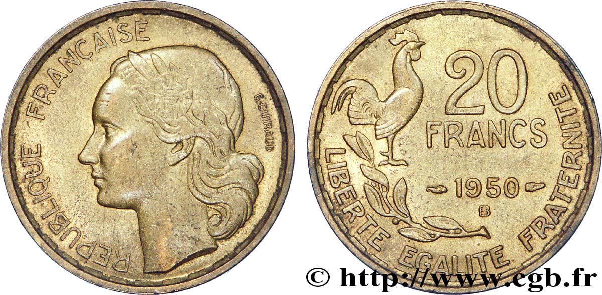 20 francs G. Guiraud, 3 faucilles 1950 Beaumont-Le-Roger F.402/5 EBC 