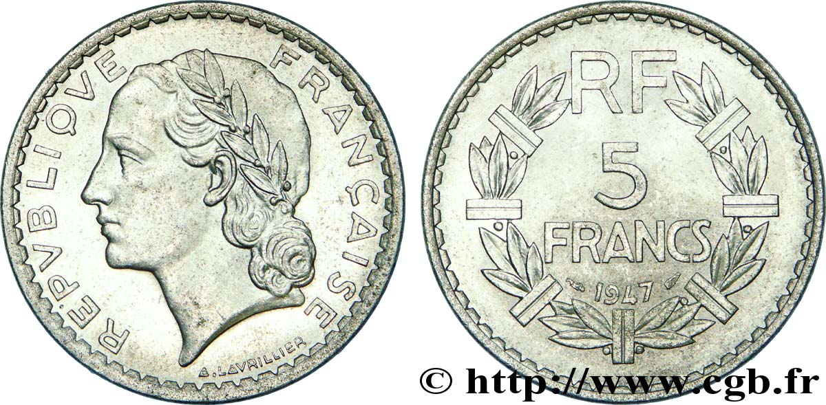 5 francs Lavrillier, aluminium, 9 ouvert 1947  F.339/9 SUP 