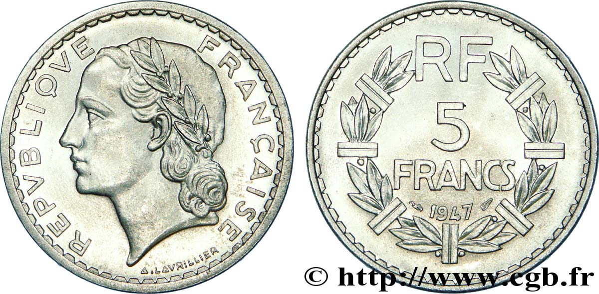 5 francs Lavrillier, aluminium, 9 fermé 1947  F.339/10 MS 
