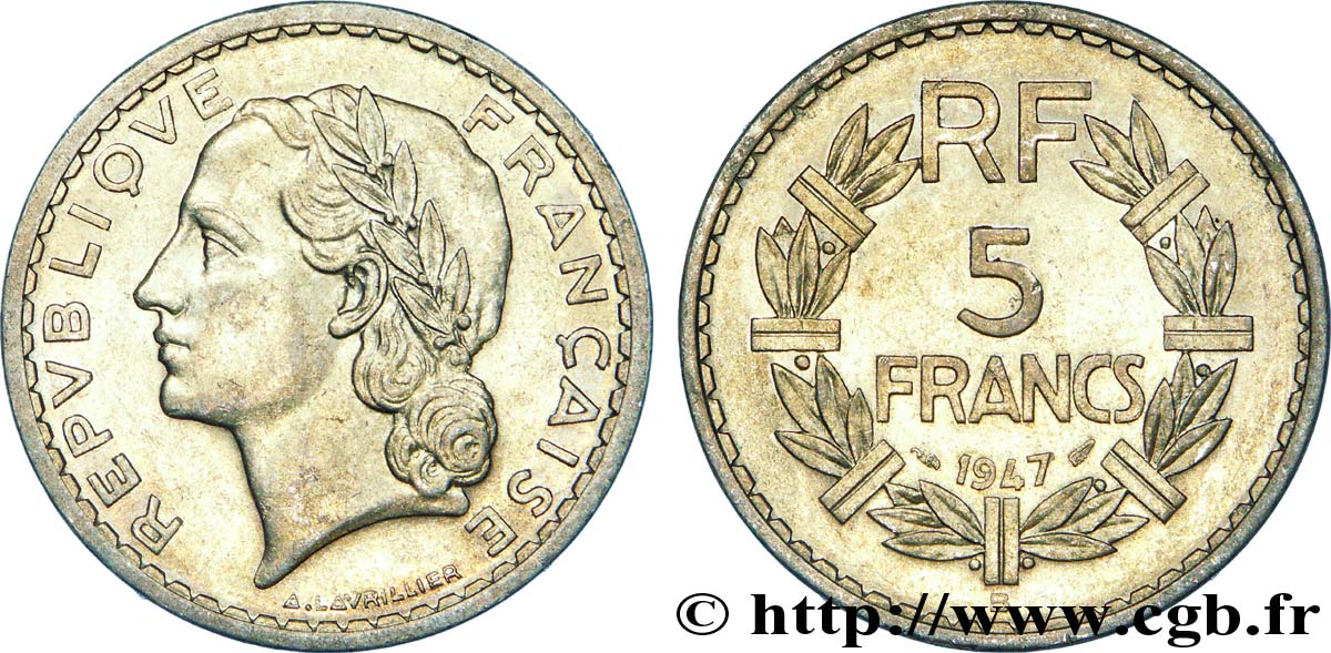 5 francs Lavrillier, aluminium, 9 ouvert 1947 Beaumont-Le-Roger F.339/11 VZ 