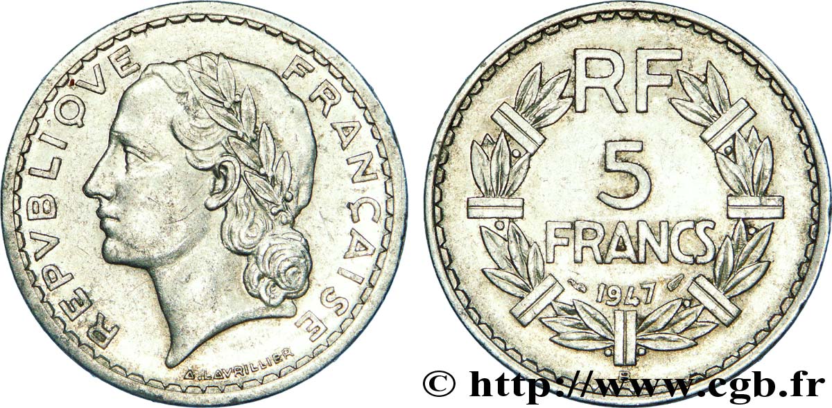 5 francs Lavrillier, aluminium, 9 fermé 1947 Beaumont-Le-Roger F.339/12 XF 
