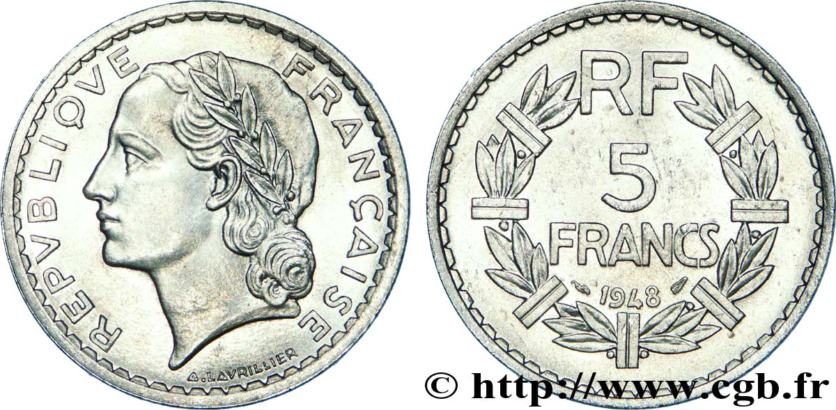 5 francs Lavrillier, aluminium, 9 ouvert 1948  F.339/13 SUP 