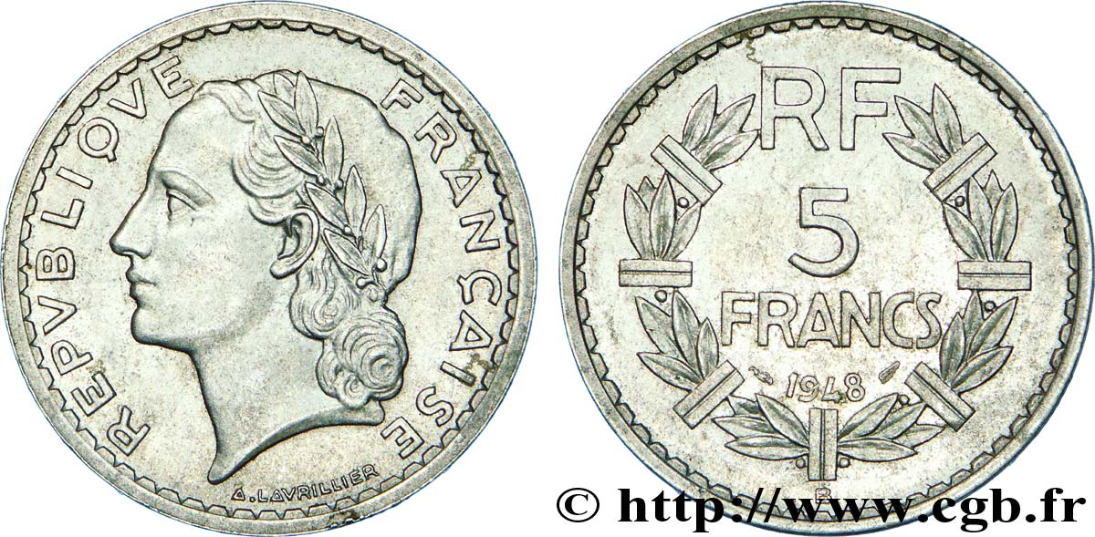 5 francs Lavrillier, aluminium, 9 ouvert 1948 Beaumont-Le-Roger F.339/15 VZ 