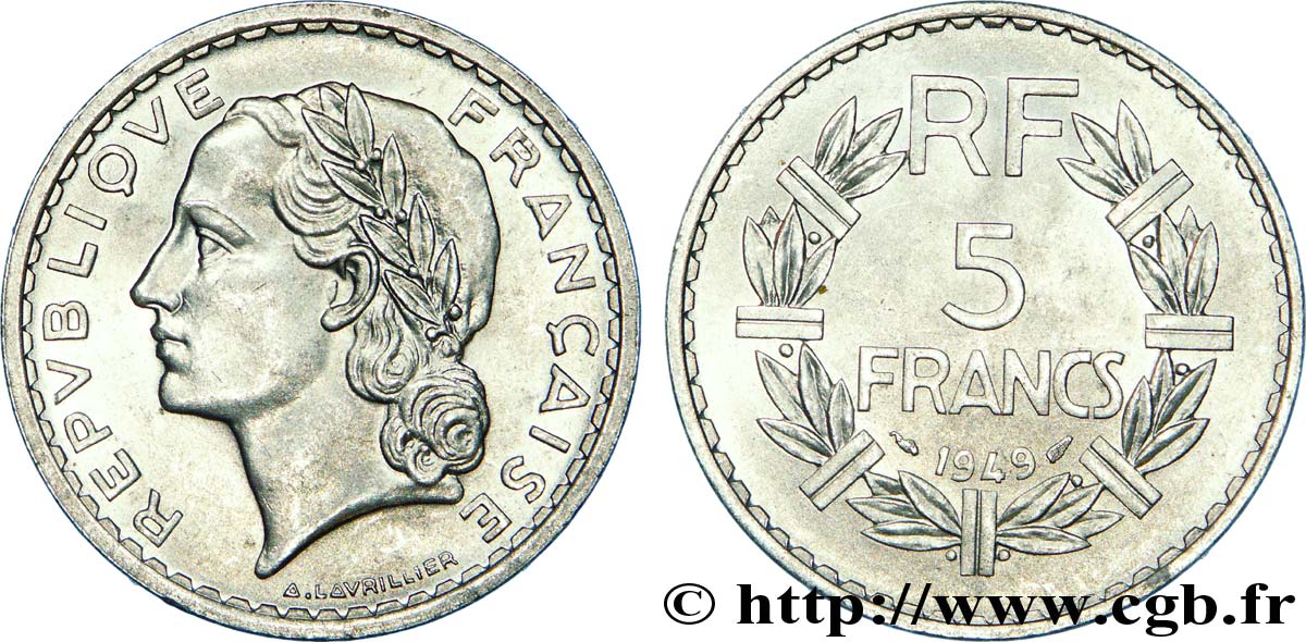 5 francs Lavrillier, aluminium, 9 fermé 1949  F.339/17 fST 