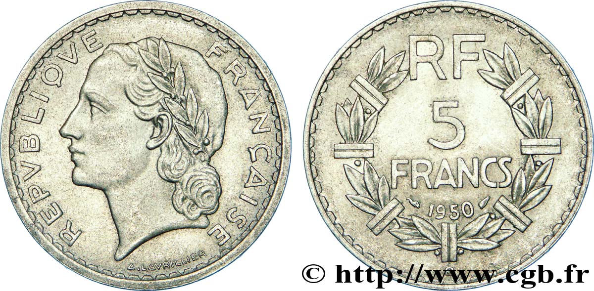5 francs Lavrillier, aluminium 1950 Beaumont-Le-Roger F.339/21 XF 