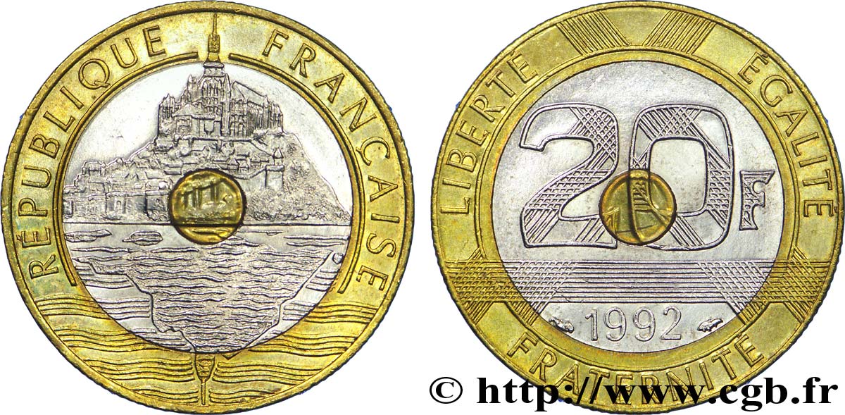 20 francs Mont Saint-Michel, 5 cannelures, V ouvert 1992 Pessac F.403/3 AU 