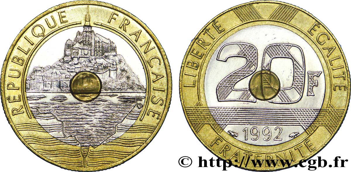 20 francs Mont Saint-Michel, 4 cannelures, V ouvert 1992 Pessac F.403/5 EBC 