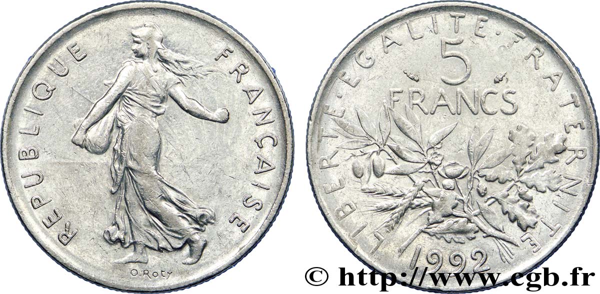 5 francs Semeuse, nickel 1992 Pessac F.341/25 XF 