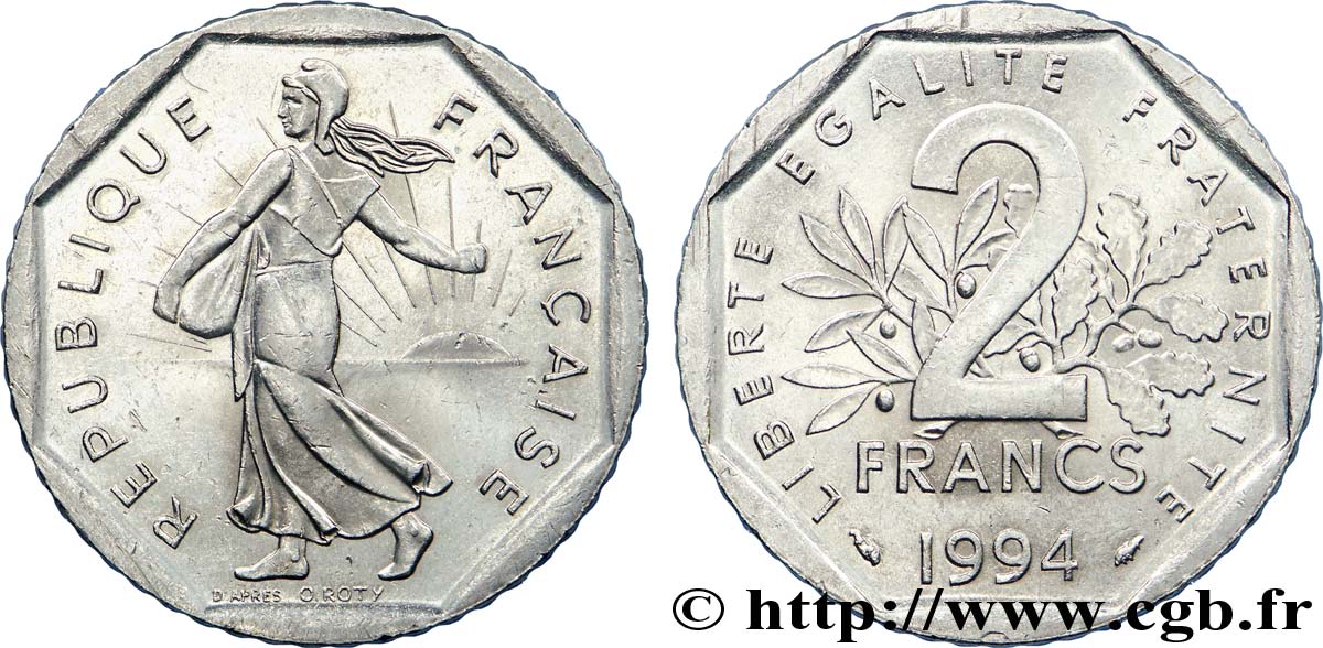 2 francs Semeuse, nickel, différent dauphin 1994 Pessac F.272/21 AU 