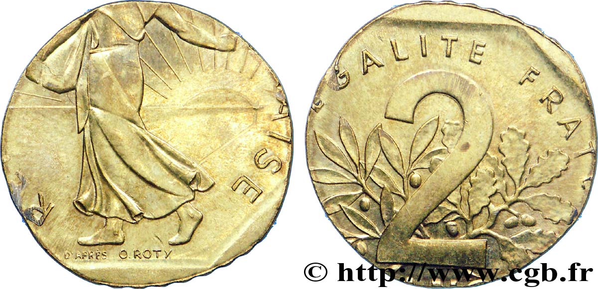 2 francs Semeuse nickel, frappe fautée sur flan de 5 centimes Marianne n.d. Pessac F.272/- var. SPL 