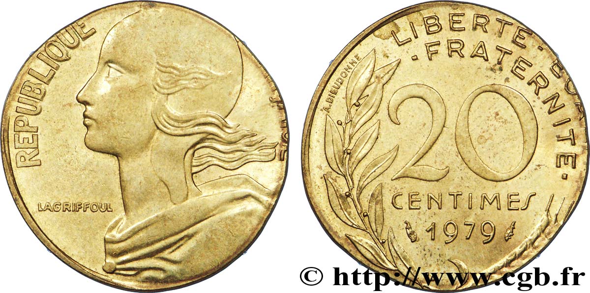 20 centimes Marianne, frappe fautée sur flan de 10 centimes Marianne 1979 Pessac F.156/19 var. AU 