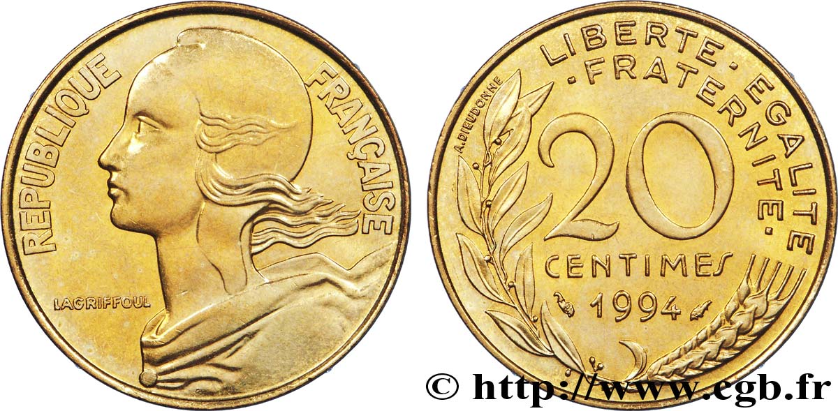 20 centimes Marianne, différent dauphin 1994 Pessac F.156/37 ST 