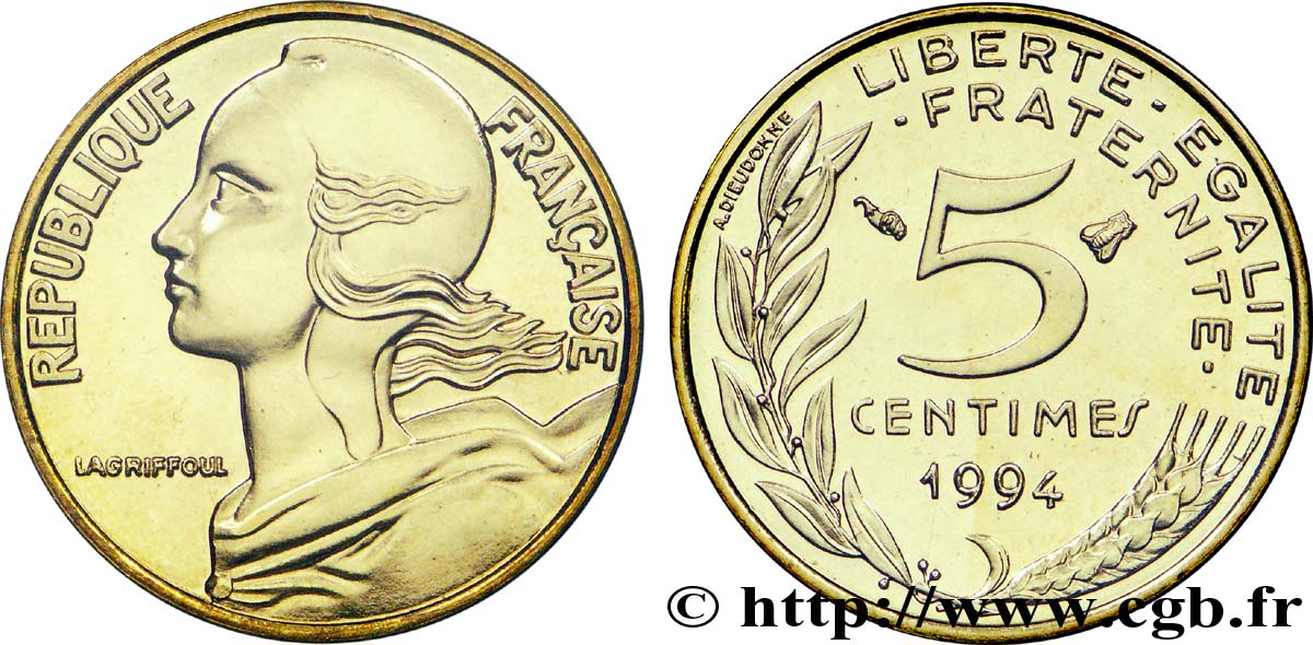 5 centimes Marianne, BU (Brillant Universel), différent abeille 1994 Pessac F.125/36 FDC 